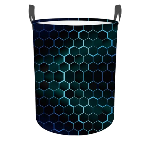 Slhfdkl Black Blue Hexagon Laundry Basket, Foldable Waterproof Geometric Laundry Hamper Funny Tote Bag Dirty Clothes Storage Bucket Toy Organizer For Bathroom/Laundry/Bedroom 15.7 Inchx19.6 Inch cover