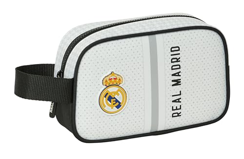 Safta Real Madrid 1ª EQUIPACIÓN 24/25 - Neceser Escolar Infantil Pequeño, Neceser, Ideal para Diferentes Edades, Cómodo y Versátil, Calidad y Resistencia, 22x8x13.5 cm, Color Blanco/Gris