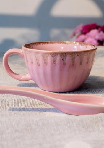 Image of Premium Handcrafted Ceramic Tea & Coffee Cup | Drip Glaze Mug with Handle | Reactive Glaze Finish | Ideal for Tea, Coffee & Hot Beverages | Gift Ready (Set of 2) (Blush Pink)