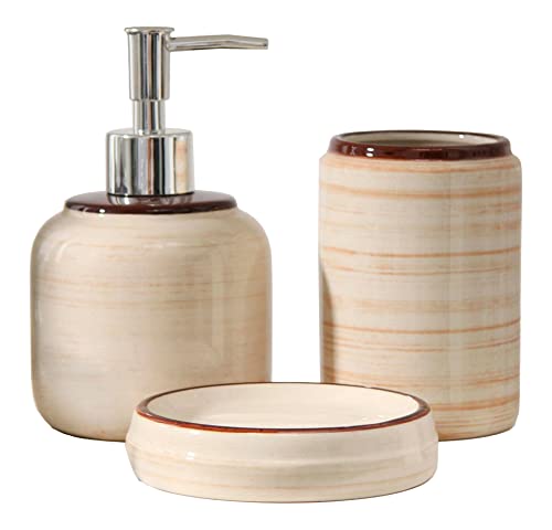 Bad-Accessoires-Set aus Keramik, 3 Teilig: Seifenschale, Seifenspender, Becher (beige)
