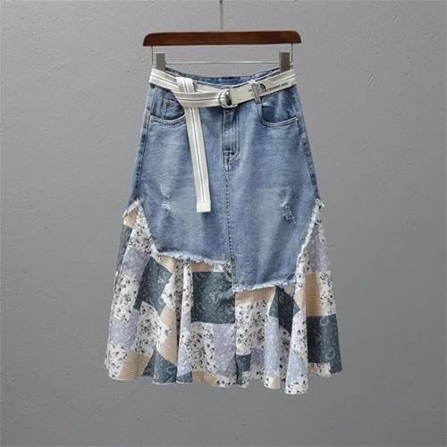 Women's Patchwork Midi Jeans Skirts Korean Bow High-Waist Denim Skirt2