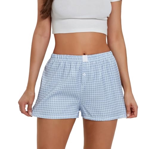 Image of Pivanzore Y2k Plaid Shorts for Women Casual Elastic Waist Aesthetic Lounge Bottom Baggy Pajama Shorts Boxers Sleepwear