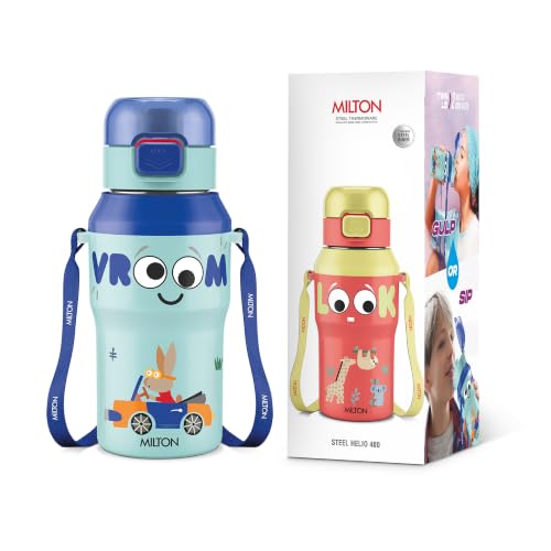 Image of Milton Steel Helio 400 Thermoware Water Bottle 370 ml with One Touch Safety Lock & Twin Lid Sip or Gulp, Long Hours Hot & Cold, Leak Proof, ISI Certified, PU Insulated, for Kids, Gym, School,Dark Blue