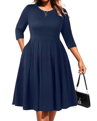 Pinup Fashion Plus Size Work Dresses - Fall Church Office Semi Formal Fit and Flare Midi Dress with Pockets