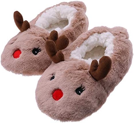 FANZERO Toddler Kids Girls Boys Cute Cartoon Animal Soft Warm Plush Lining Non-Slip Slippers Winter House Shoes Khaki Deer,7.5 M US Toddler