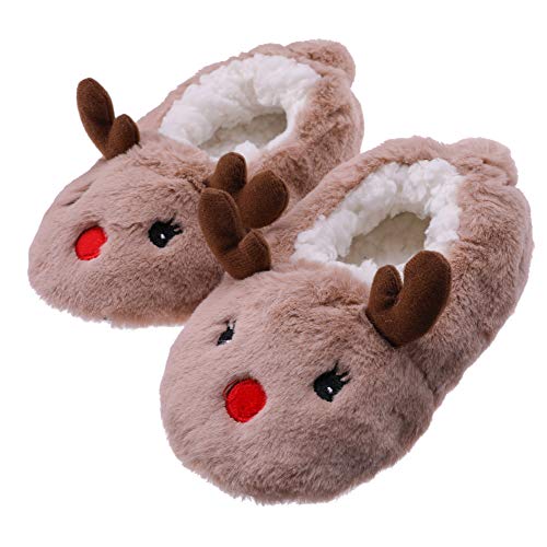 Fanzero Toddler Kids Girls Boys Cute Cartoon Animal Soft Warm Plush Lining Non-Slip Slippers Winter House Shoes Khaki Deer,7.5 M Us Toddler #TOP2