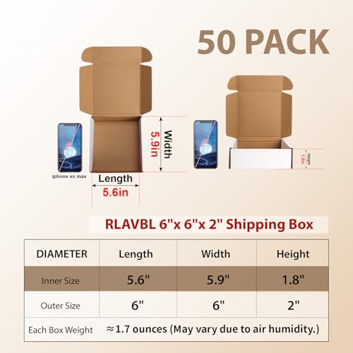 Image of RLAVBL 6x6x2 Shipping Boxes Set of 50, White Small Corrugated Cardboard Box, Mailer Box