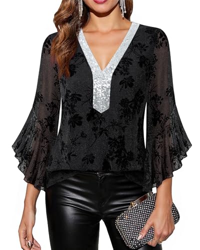 Bodhi talk Pailletten Oberteil Damen: Festliches Outfit Damen Für Silvester - Glitzer Oberteile für Abend Cocktail - Glitzer und Glamour Party Outfit