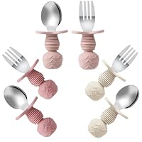 PandaEar 6 Stück Kinderbesteck| Silikongriff Edelstahl Kindergeschirr Set | Baby Besteck Esslernbesteck ab 1 jahr | Kinder Löffel und Gabel Set für Baby| BPA frei Lernbesteck (Pink/Beige)