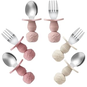 PandaEar 6 Pack Stainless Steel Baby Spoons and Fork Feeding Set – Anti-Choke First Self Feeding Utensils for Baby Girls Led Weaning Ages 3 Months+ (Pink/Beige)