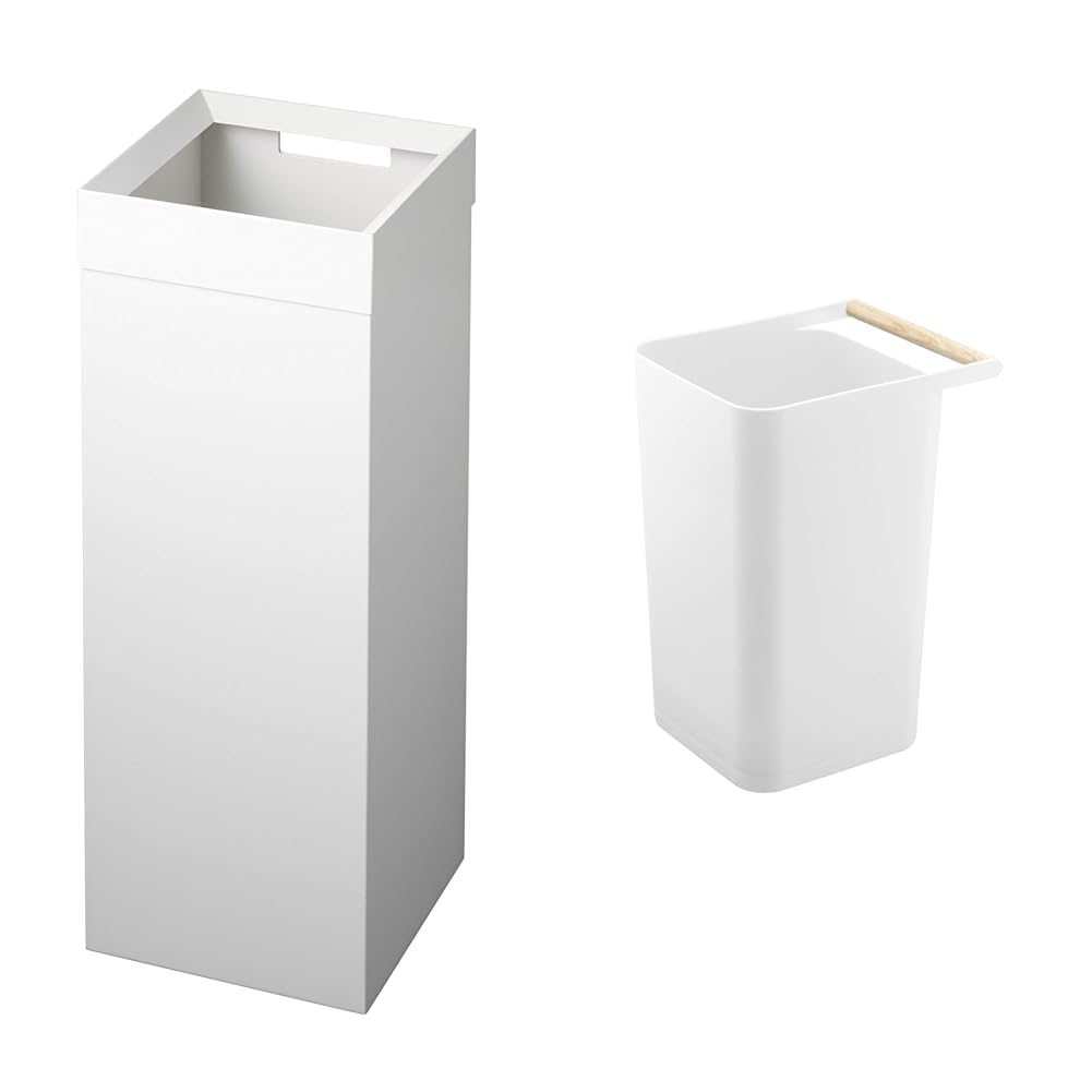 YAMAZAKI Alloy Steel Home 4488 Tall Trash Can-Modern Garbage Waste Basket with Handle & Home Como Modern Slim Square Trash Can Garbage Waste Basket for Bathroom Kitchen ABS Plastic One Size
