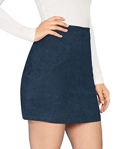 Image of MANGOPOP Women's Basic Faux Suede High Waist A-line Mini Pencil Bodycon Skirt (A03 Navy Blue, Medium)