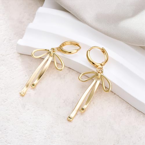 Gold Bow Ribbon Hoop Earrings - Long Ribbon Drop Dangle Bow Tie Huggie Earrings for Women's Jewelry Gifts4