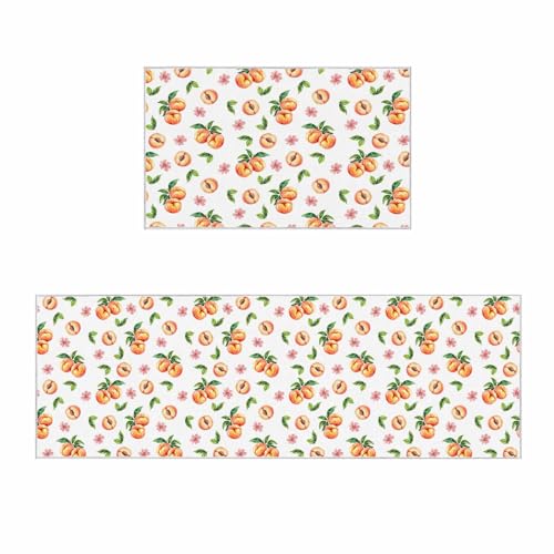 2 Pieces Kitchen Rugs and Mats,Summer Peach Flower Leaf Area Runner Rug Set Non Slip Floor Doormat Washable Carpet Standing Mat for Kitchen Sink Indoor Corridor,Seamless Rustic Fruit Theme