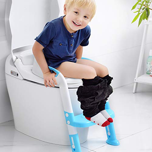 Victostar Potty Training Seat with Step Stool Ladder, Foldable Potty Training Toilet for Kids Boys Girls Toddlers-Comfortable Cushion Safe Handle Anti-Slip Pads - Thumbnail 5