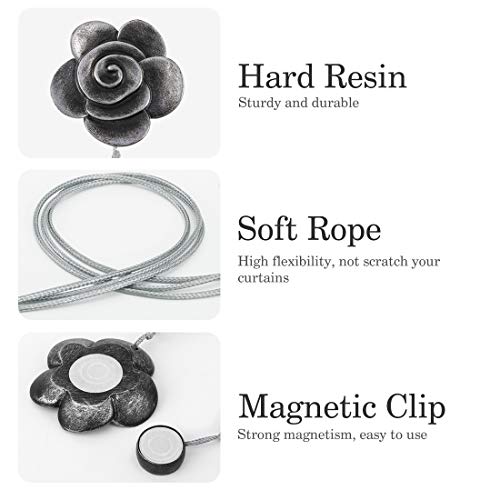 Lewondr Drapery Holders, Vintage Resin Flower Curtain Ties with Rope Curtain Holdbacks Window Curtain Decorative for Outdoor, Home Office, and Cafe Balcony - Ink