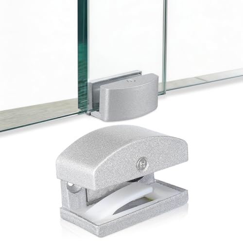 ORFOFE Tope de puerta plateado, guía de puerta de aluminio para puertas correderas, montaje en suelo, apto para vidrio de 5 14 mm, antioscilación, funciones de guía, ideal para baño, cocina, oficinas