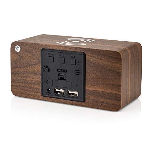 Oct17 Wooden Alarm Clock With Qi Wireless Charging Pad Compatible With Iphone Samsung Wood Led Digital Clock Sound Control Function, Time Date, Temperature Display For Bedroom Office Home- Brown #TOP2