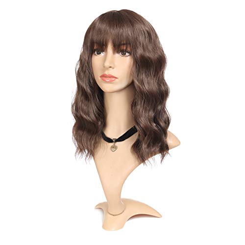 JUVEN BELLA 14 Inches Wavy Wig with Bangs Synthetic Heat Resistant Cosplay Wig for Women Mixed Color Brown with Auburn Red Shoulder Length #33/30(Light Brown)……