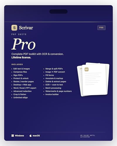 Scrivar PDF Suite Pro — PDF Editor for Windows & Mac | Organize, Edit, Convert, Merge, eSign, OCR, Invoice | Lifetime License | Registration Code Card