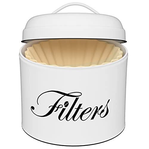 Coffee Filter Holder, White Basket Coffee Filter Storage with Lid, Round CoffeeFilter Container for Counter, Rustic Farmhouse Coffee Bar Accessories Decor (White)