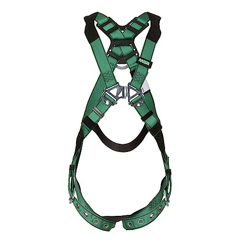 Image of MSA 10196642 V-Form Full Body Safety Harness - Size: Standard (Medium), D-Ring Configuration: Back, Tongue Buckle Leg Straps, Color: Green, Full Body Harness, Durable