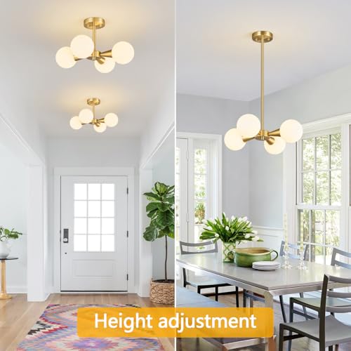 Image of Mid Century Modern Ceiling Light with Milk White Glass lampshade Gold Semi Flush Mount Ceiling Light Fixture Sputnik Chandelier for Bedroom Living Room Dining Room Foyer Hallway(4-Lights)