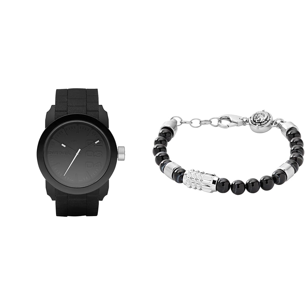 Diesel Hombre Double Down S44 Negro Silicona Reloj y Acero Inoxidable Pulsera, Set