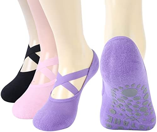 Pilates Socks, Ristake Womens Studio Yoga Socks, Rubber Bottom Sticky Non-Skid Pure Barre Ballet Socks, Maternity Labor Slipper Grippy Socks, 3 Pairs