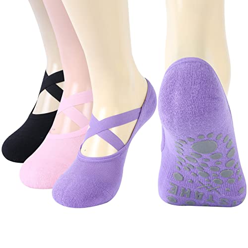 Pilates Socks, Ristake Womens Studio Yoga Socks, Rubber Bottom Sticky Non-Skid Pure Barre Ballet Socks, Maternity Labor Slipper Grippy Socks, 3 Pairs #TOP18