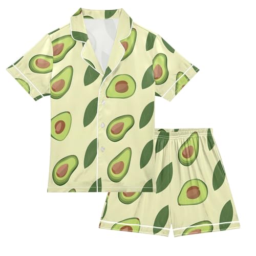 ALAZA Avocado Green Leaf Pajamas Satin Pajama Set Short Sleeve Button Down Sleepwear
