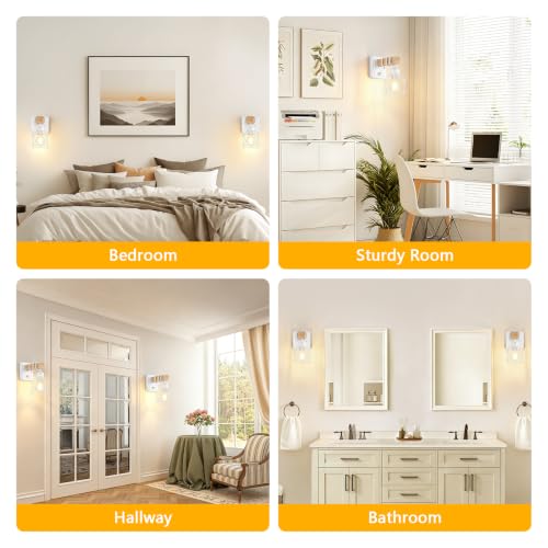 Image of FadimiKoo Wall Sconces Set of Two, Farmhouse Hardwired White Wall Lamps with Wooden Arm & On /Off Dimmable Switch, Modern Bathroom Light Fixtures with Metal Shade for Living Room, Hallway, Bedroom