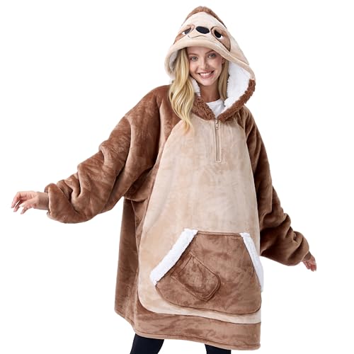 Image of Giggling Getup Wearable Blanket Hoodie for Women and Men Sherpa Fleece Hooded Blanket Sweatshirt Warm Cozy Sherpa Wearable Throw Oversized Hoodie with Giant Pocket & Sleeves for Adult Brown Sloth