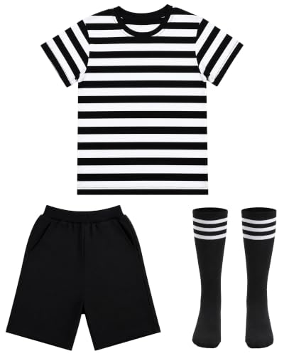 Vivrerizo Black White Striped Costume for Halloween Cosplay Outfit Party M | Striped Design, 3 Pcs Short Sleeve Shirt, Shorts and Stockings Outfit, Lightweight Ployster Fabric, Easy Dress Up - image 2
