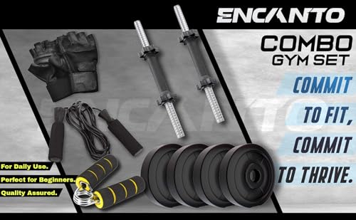 Image of Encanto Home Gym Combo 14 Kg Dumbbell Set, One Pair of Adjustable Dumbbell Rods with PVC Dumbbell Plates & Accessories