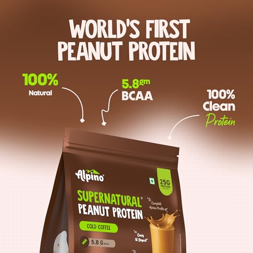 Image of Alpino Supernatural Peanut Protein Powder Cold Coffee 1kg - 25g Plant Based Protein, 5.8g BCAAs, Real Coffee Beans, Vegan