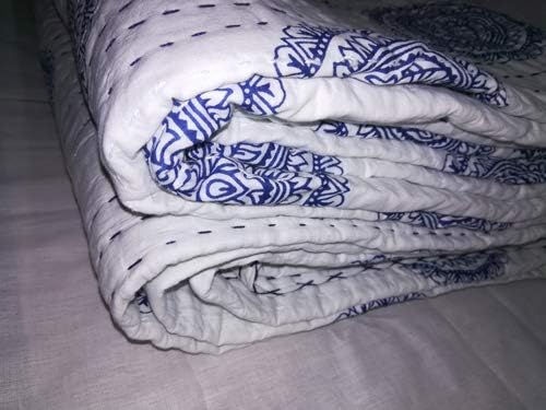 Kantha Queen Quilt Bedspread Throw Cotton Bedding Blanket Chakara Hand Print Bed