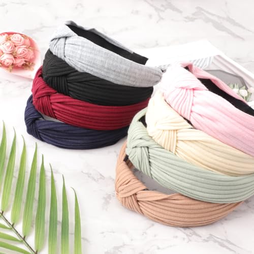 Image of DRESHOW 8 Pack Knotted Headbands for Women Wide Turban Headband Yoga Exercise Ribbing Hair Hoop Hair Bands Accessories