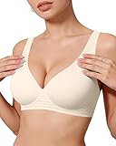 OEAK Womens Deep V Bras Wireless Comfortable Bra Supportive No Underwire Bras Tshirt Push Up Bralettes Plunge Seamless Bra Champagne L