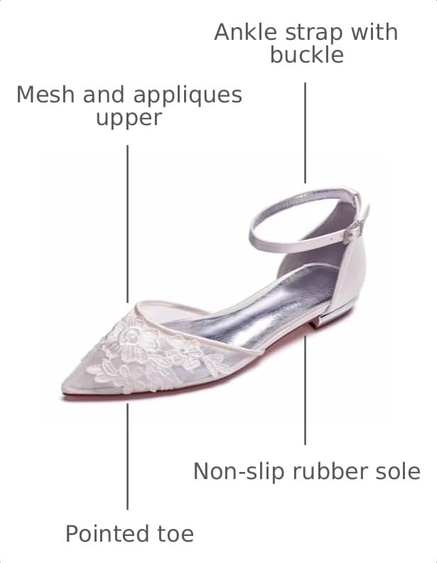 Image of Mesh Appliques Wedding Flats for Bride Pointed Toe Tie up Bridesmaids Shoes