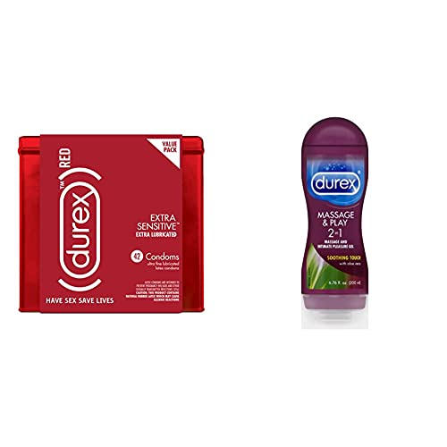Condoms, Durex RED Extra Sensitive, Ultra Fine, Extra Lubricated Natural Rubber Latex Condoms for Men, 42 Count, FSA & HSA Eligible with Durex Massage & Play 2 in 1 Lubricant Soothing Touch, 6.76 oz