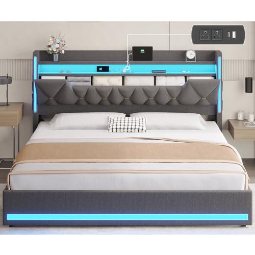 BYSAUD California King Bed Frames Cal King Bed Frame with Storage Headboard & Hidden Space Platform Bed Frame with LED Lights & Charging Station No Noise No Box Spring Needed Dark Gray Linen