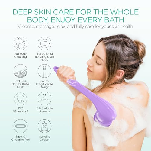 VOYOR Electric Body Scrubber, Two-Way Rotating Brush Head, 4 Accessories, IPX6 Waterproof, Rechargeable Cordless - Image 2