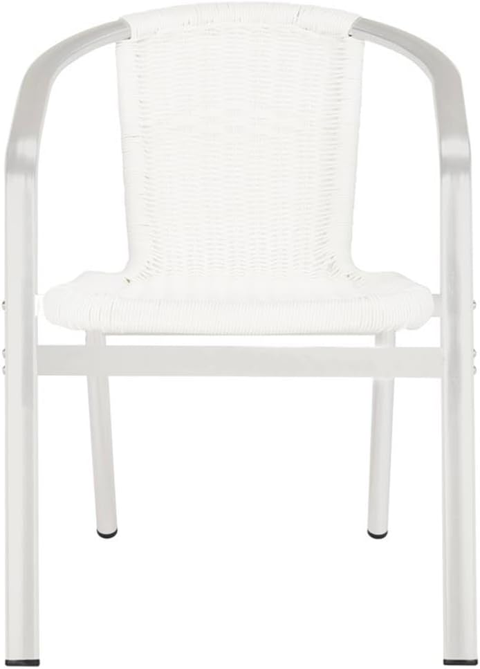 Pemberly Row Rattan Indoor/Outdoor Stackable Arm Chairs, 28 in H x 22 in W, White Powder-Coated Finish, Wicker and Aluminum, Set of 2, Modern Fan-Back Design for Patio or Dining Room