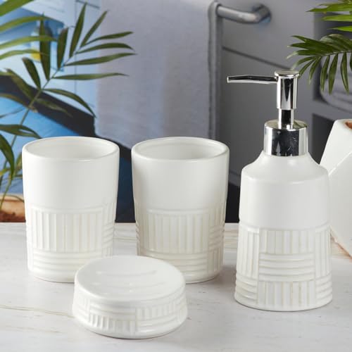Image of SaSaSa Ceramic Bathroom Accessories Set of 4 Modern Bath Set with Soap Dispenser & Toothbrush Holder, Luxury Home & Gift Idea, White /Beige (8142)