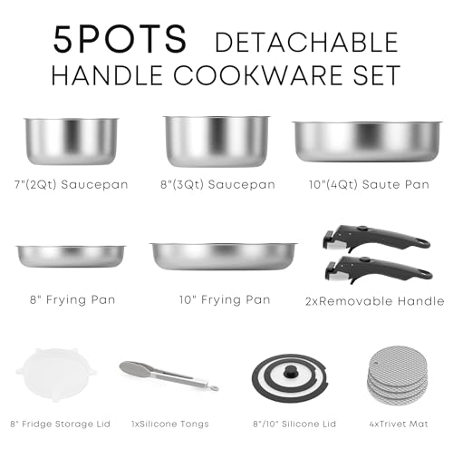 Image of Caannasweis Detachable Nonstick Cookware Set - Stackable Induction Pots and Pans With Removable Handles, Dishwasher Safe - For RV Camping, Oven and Stovetop Use, 5 Pieces (Stainless Steel)