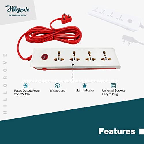 Image of Hillgrove HGCM304M1 Power Extension Board with 4 Universal Socket and 1 Switch with Analog Line Tester and 5 Meter Long Cable Surge Protector for Home /Computer /Fridge 4 Socket Extension Boards