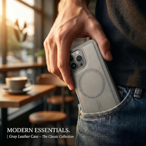 Image of amazon basics Premium PU Leather Case for iPhone 15 Pro, MagSafe Compatible Magnetic Ring, Sleek Protective Back Cover - [Gray]