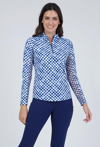IBKUL Athleisure Wear Sun Protective UPF 50+ Icefil Cooling-Gingham Check Print Long Sleeve Mock Neck Top-108762
