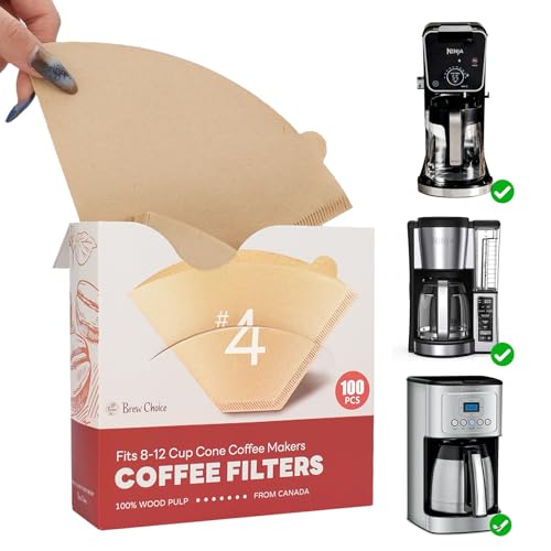 Brew Choice Disposable Coffee Filters #4 100 Pcs, Unbleached Cone